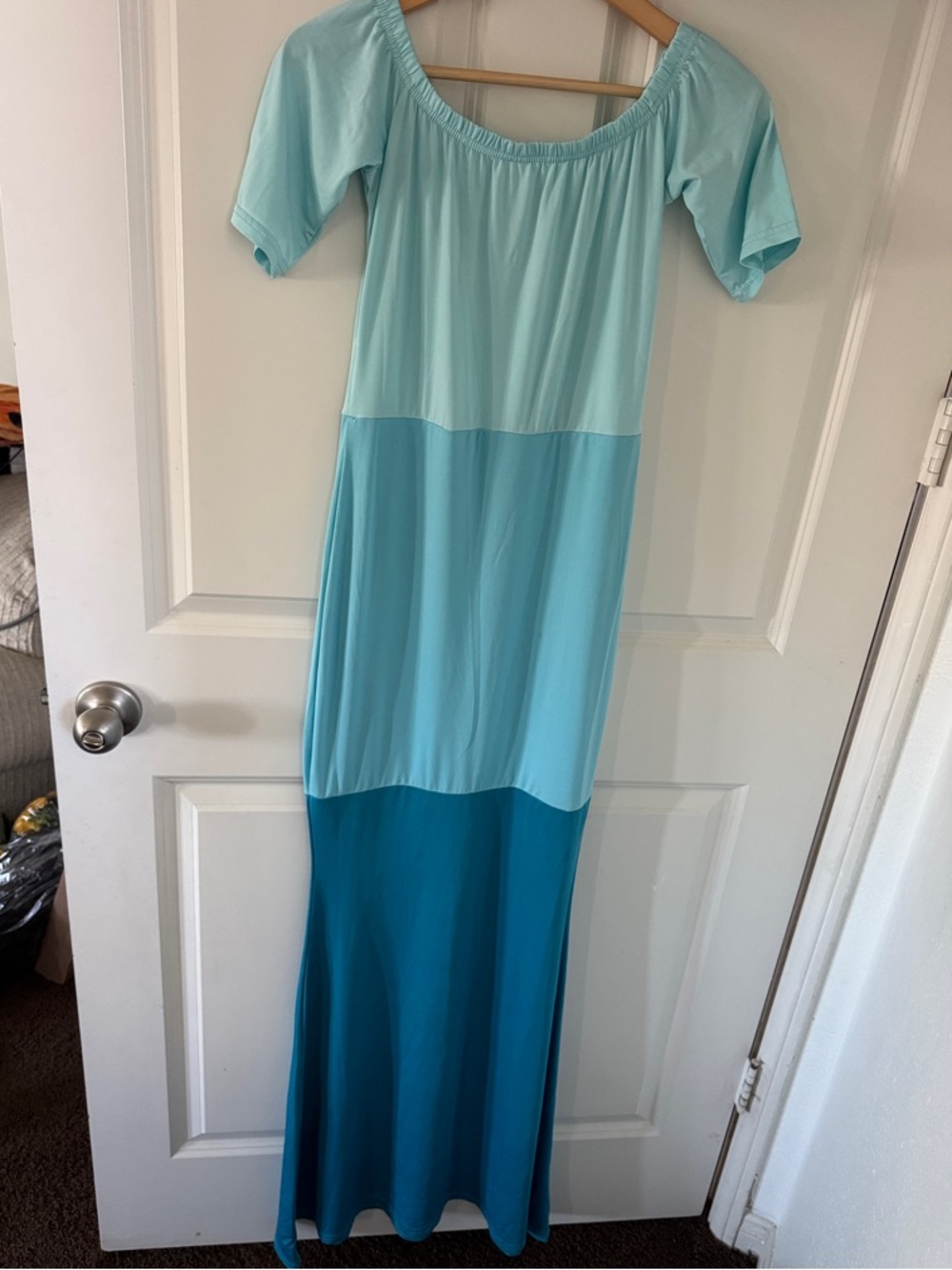 Three-Tone Blue Off-Shoulder Maxi Dress
